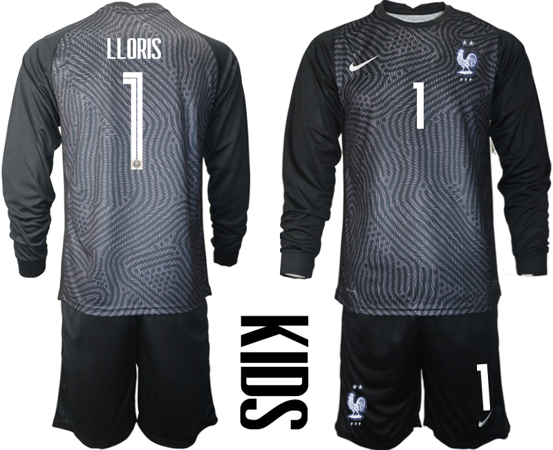 2021 France black youth long sleeve goalkeeper #1 soccer jerseys->youth soccer jersey->Youth Jersey